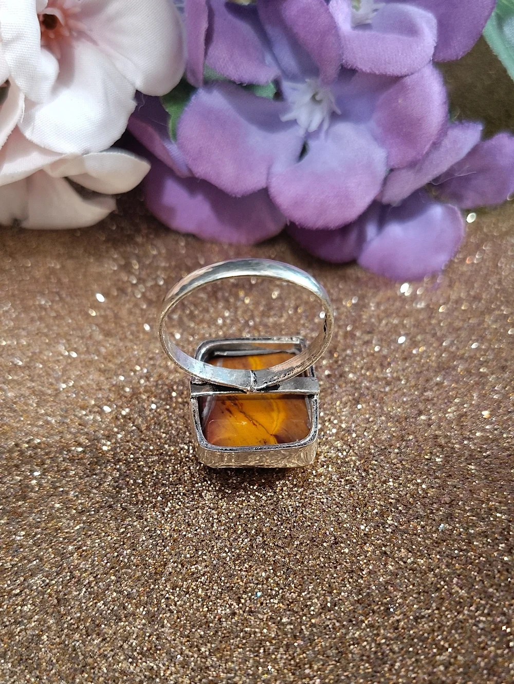 Amber Gemstone Silver Ring - Size 10